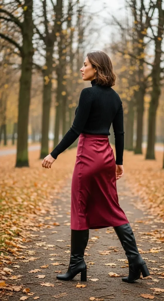 Satin skirt winter boots outfit