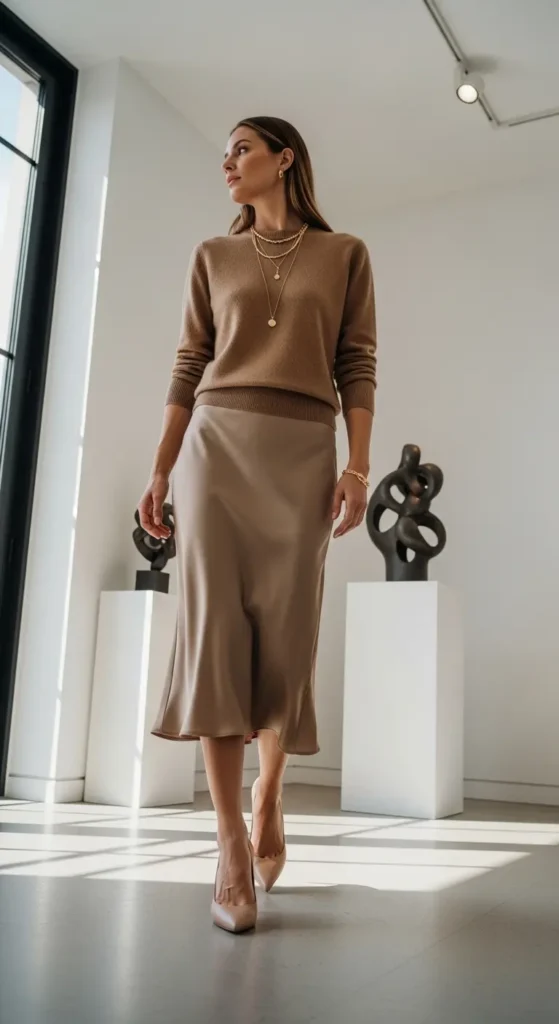 Tonal satin skirt elegant outfit
