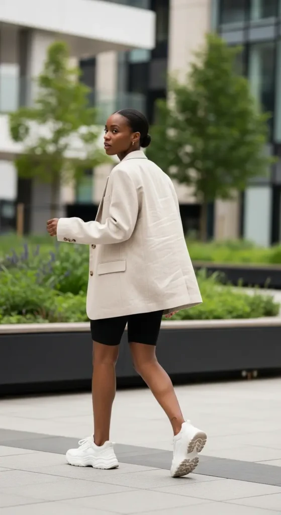 bike shorts blazer spring outfit