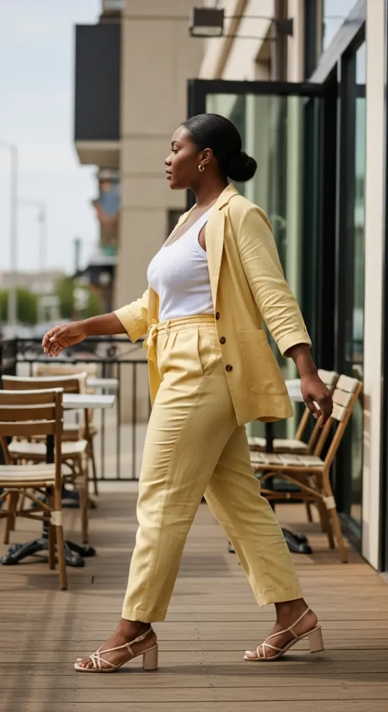 butter yellow linen suit Black women