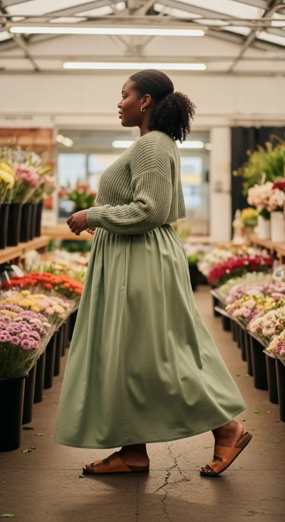sage green maxi skirt spring outfit