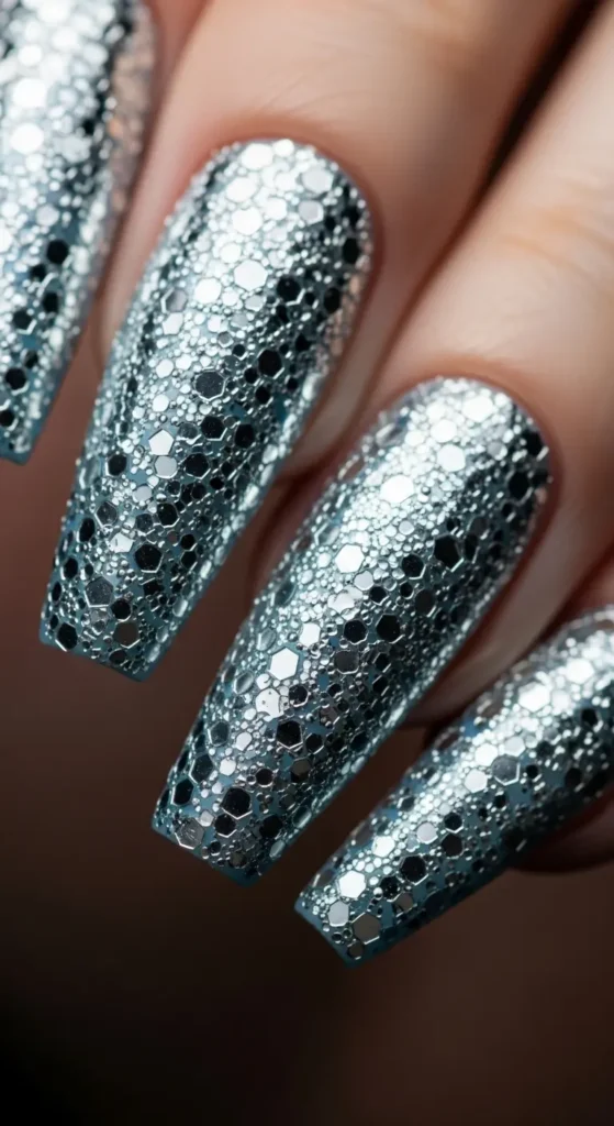 silver glitter icy nails