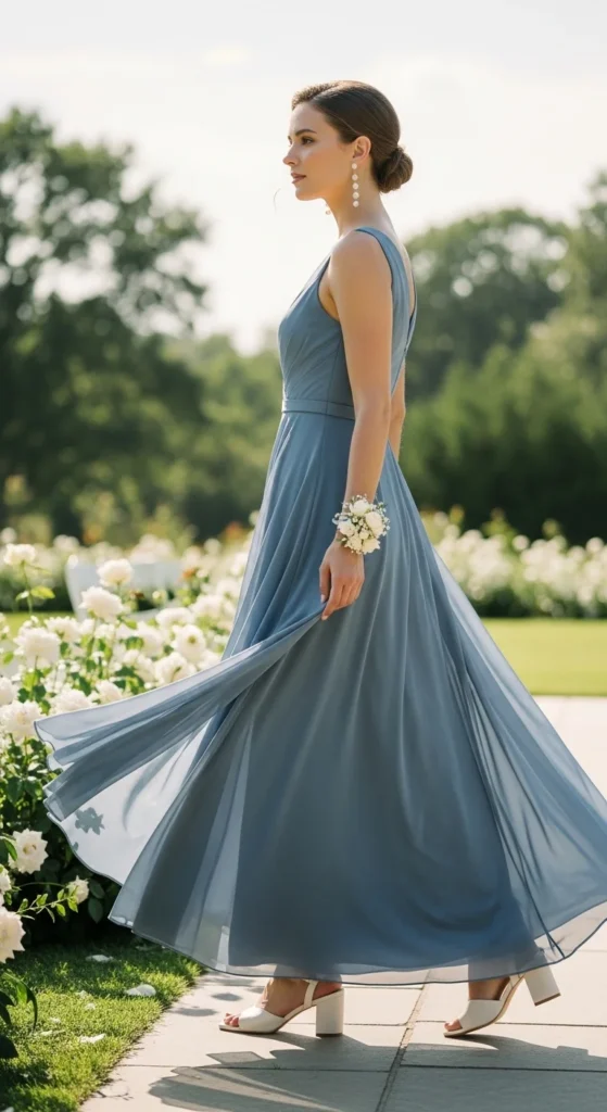 Dusty blue bridesmaid dress outfit