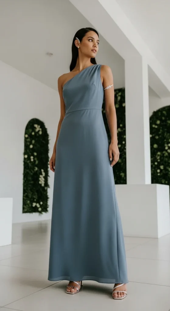 Dusty blue one-shoulder bridesmaid dress