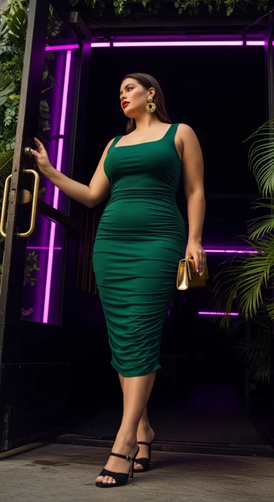 Miami nightlife outfit plus size emerald bodycon dress