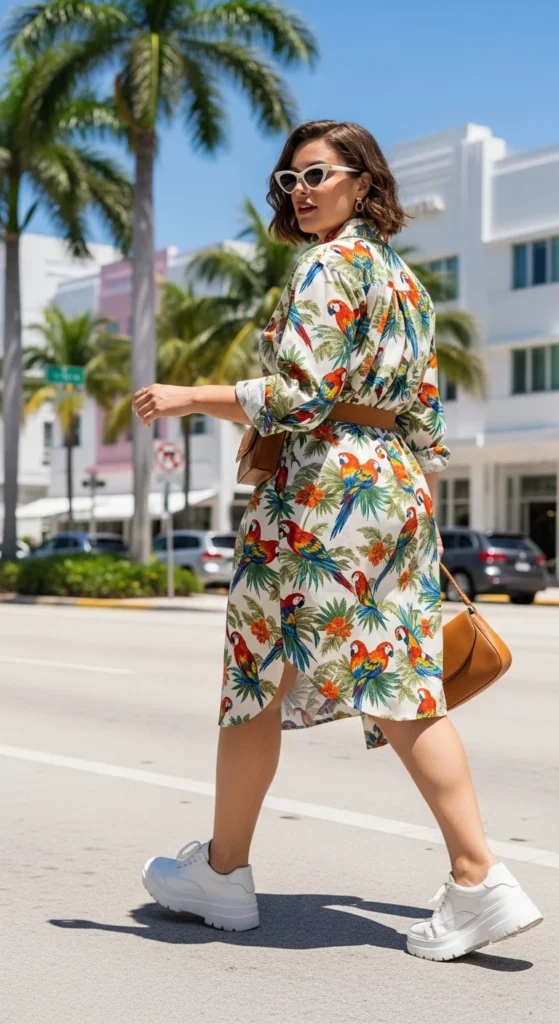 Miami street style plus size tropical shirt dress