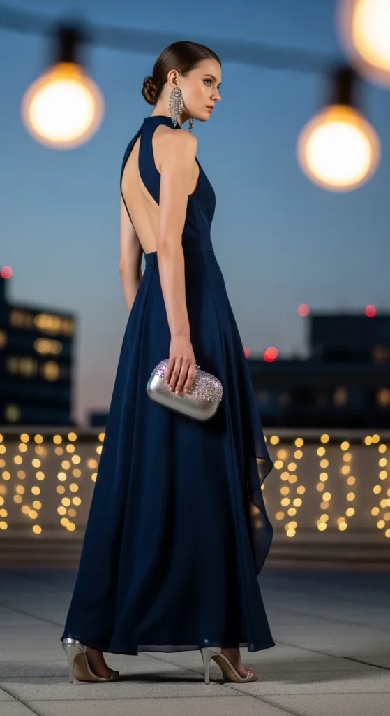 Midnight blue halter bridesmaid dress