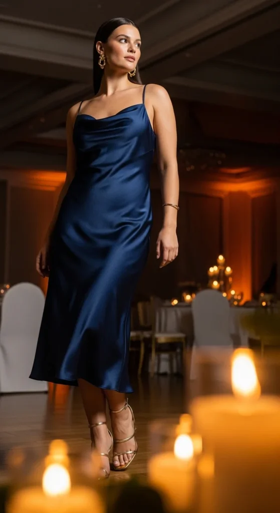Navy blue satin bridesmaid dress