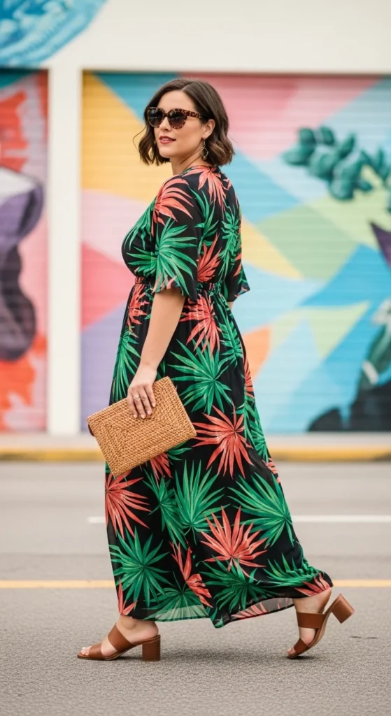 Palm print maxi dress Miami street style plus size