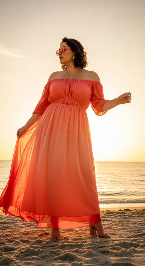 Plus size off-shoulder maxi dress Miami coral ombré