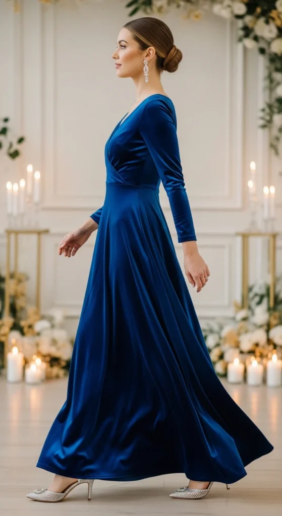Royal blue velvet bridesmaid look