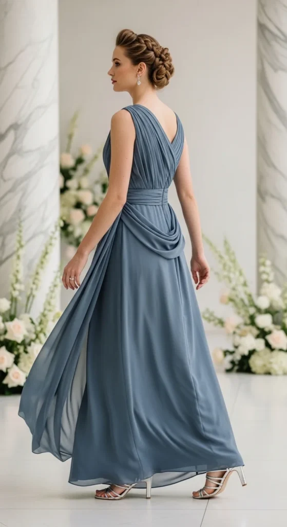 Steel blue draped bridesmaid gown