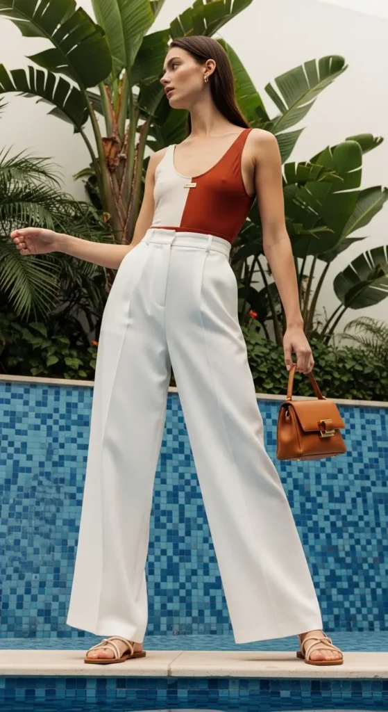 color block swimsuit linen trouser spring break outfit