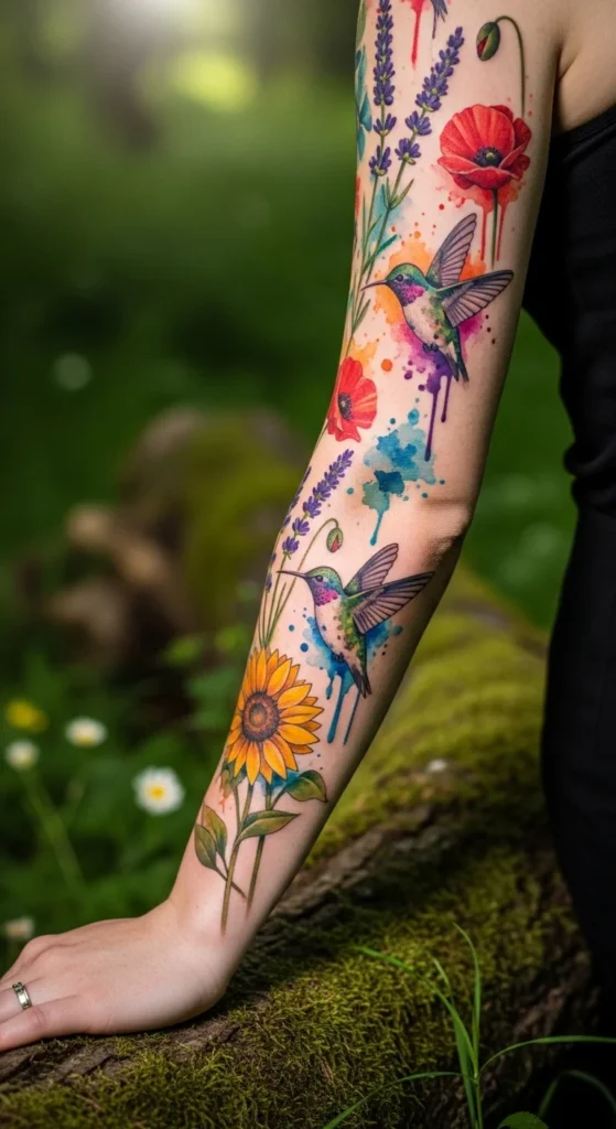 colorful sleeve tattoo women