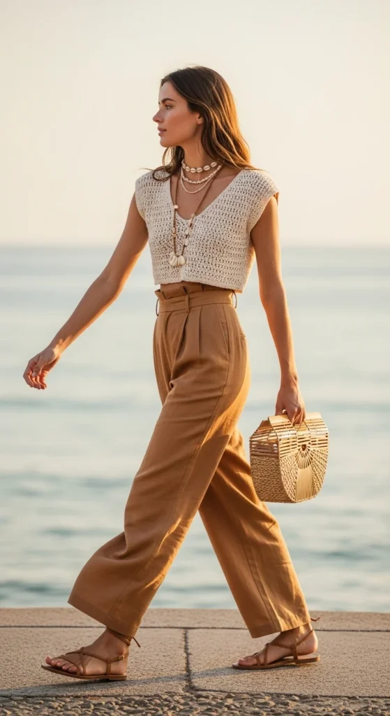 crochet top wide leg trousers summer outfit