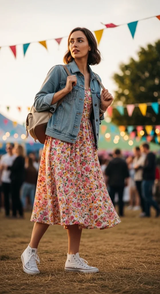 denim jacket floral dress sneakers summer festival