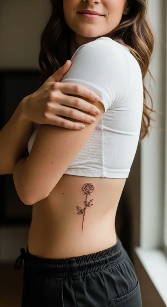 fine line rose side tummy tattoo