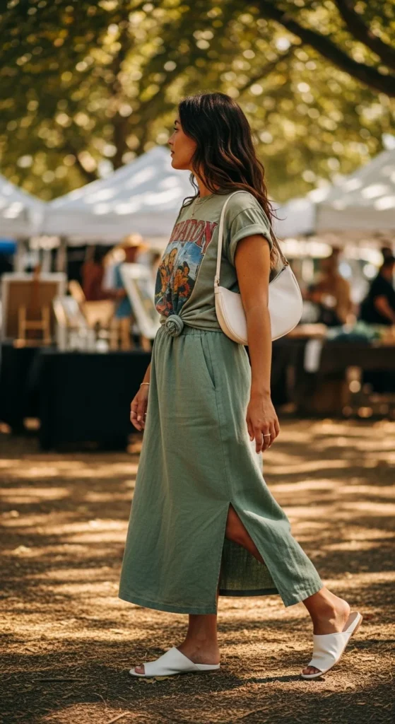 graphic tee linen midi skirt casual summer