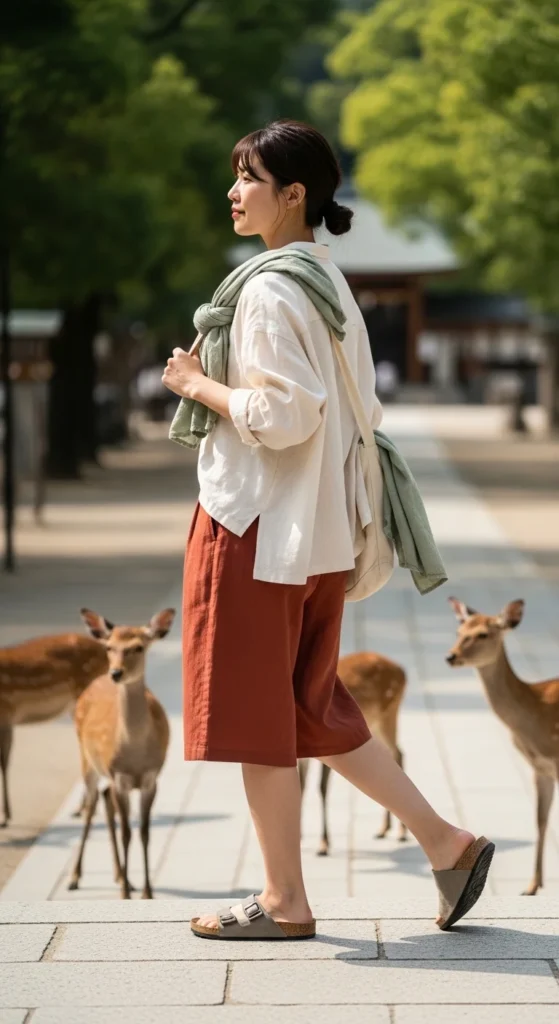 linen shorts travel outfit Japan summer