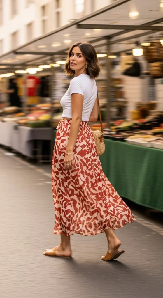 maxi skirt cropped tee summer casual slides