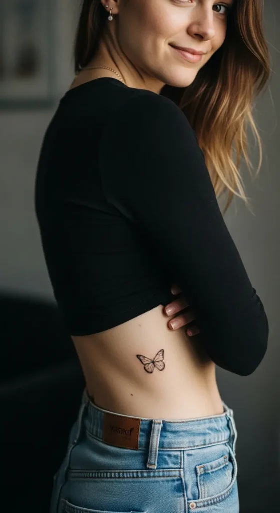 minimalist butterfly side waist tattoo