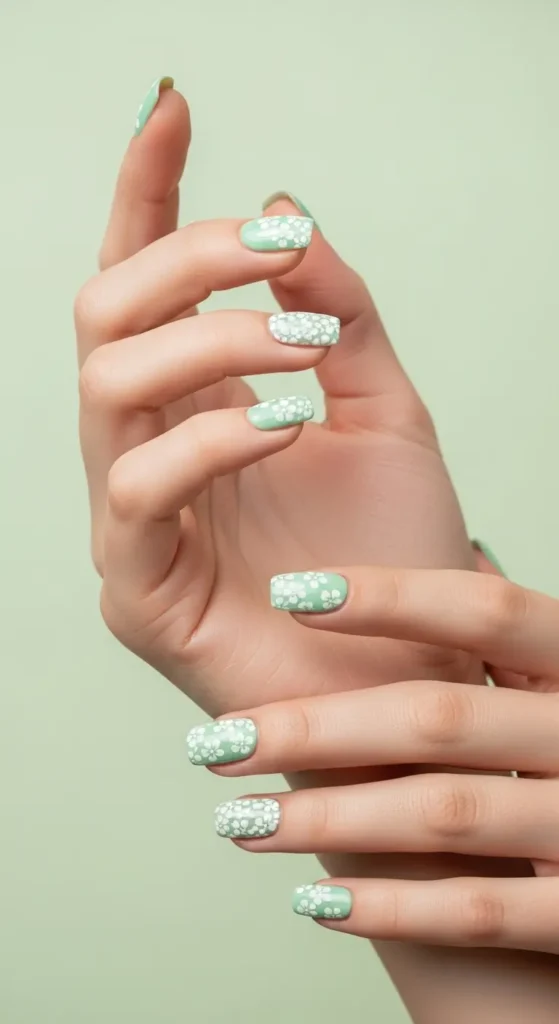 mint green floral St Patrick's Day nails