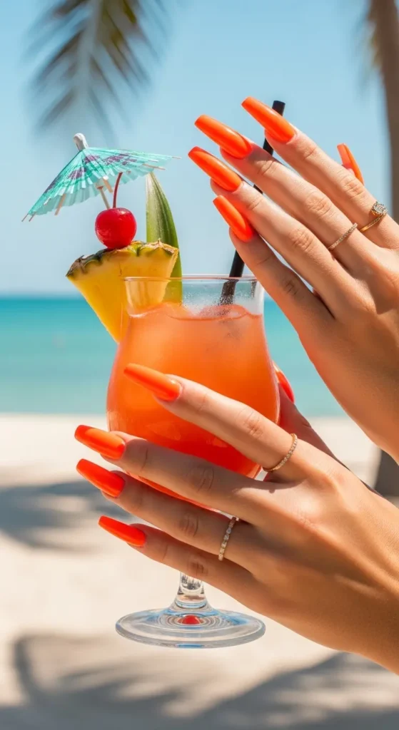 neon coral vacation nails