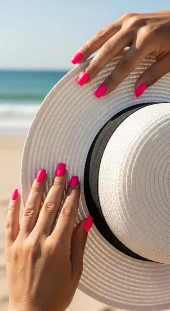 neon pink pool party nails