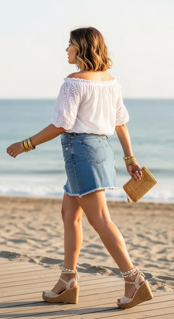 off shoulder peasant top denim skirt beach