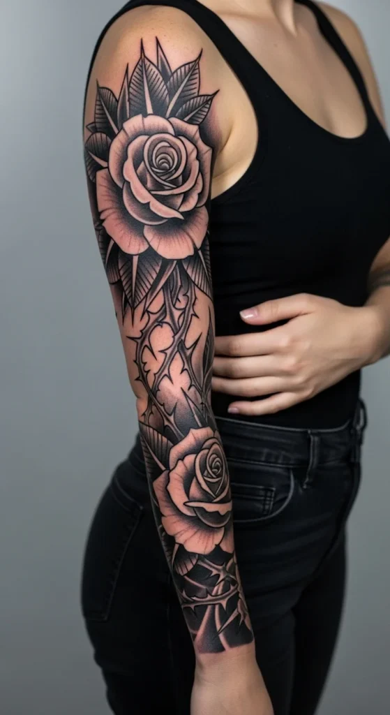 rose sleeve tattoo women