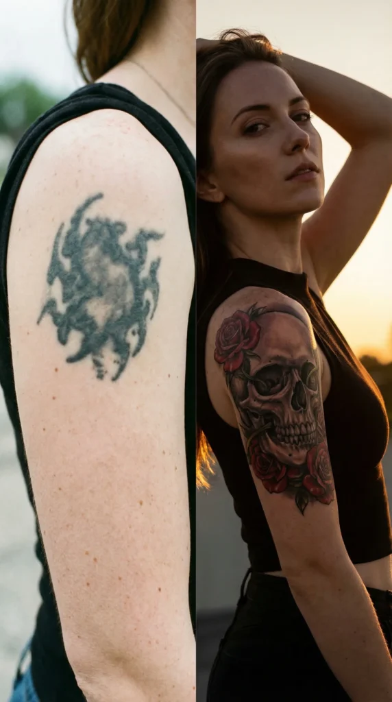 skull roses cover up tattoo