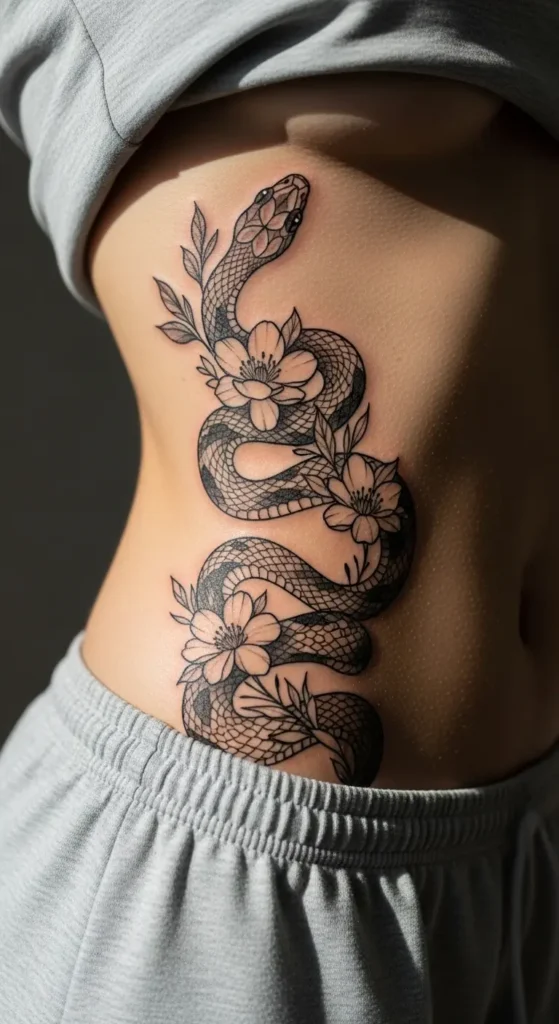 snake botanical side stomach tattoo