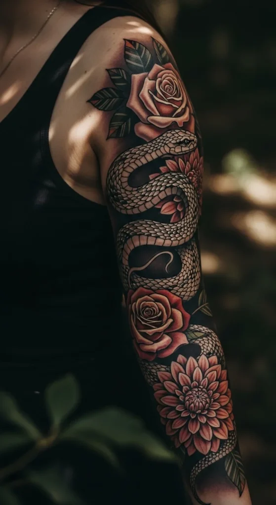snake floral sleeve tattoo women
