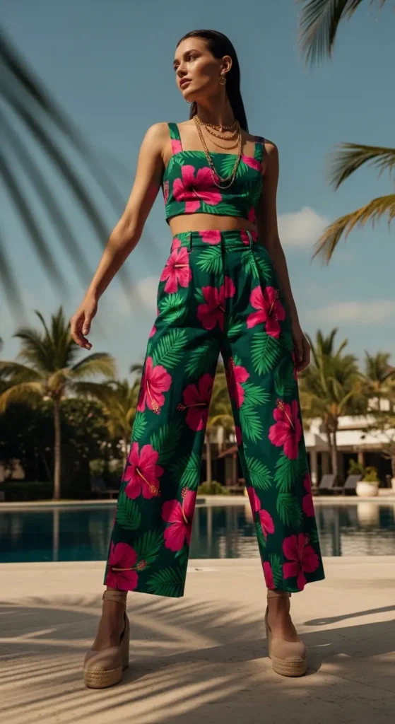 tropical print two-piece spring break vacation outfit
