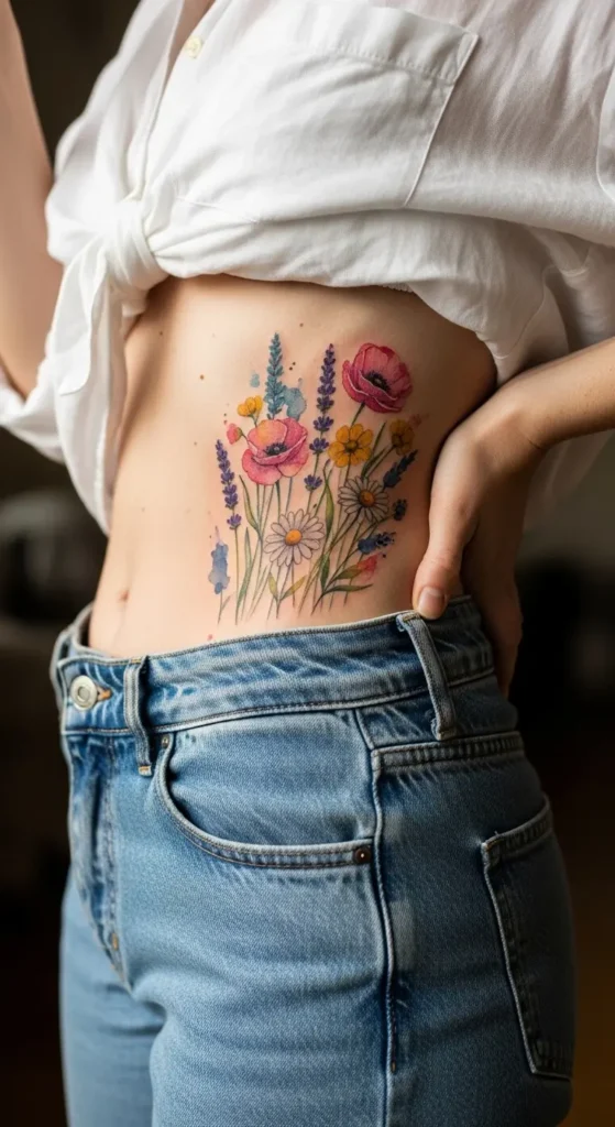 watercolor floral side belly tattoo