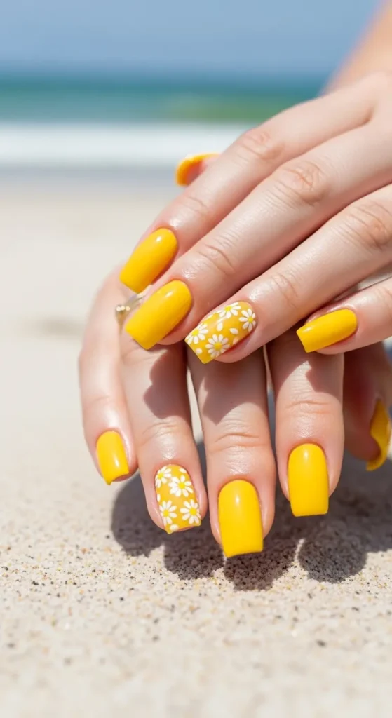yellow daisy floral spring nails